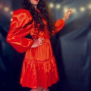 Shein Lantern Sleeve Ruffle Hem Self Buckle Belted Silky Dress